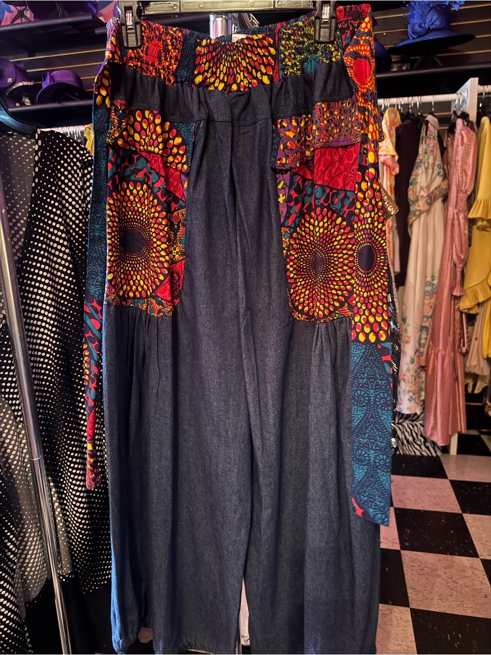 Boho Wide-Leg Patchwork Pants in Navy with Multicolor Accents
